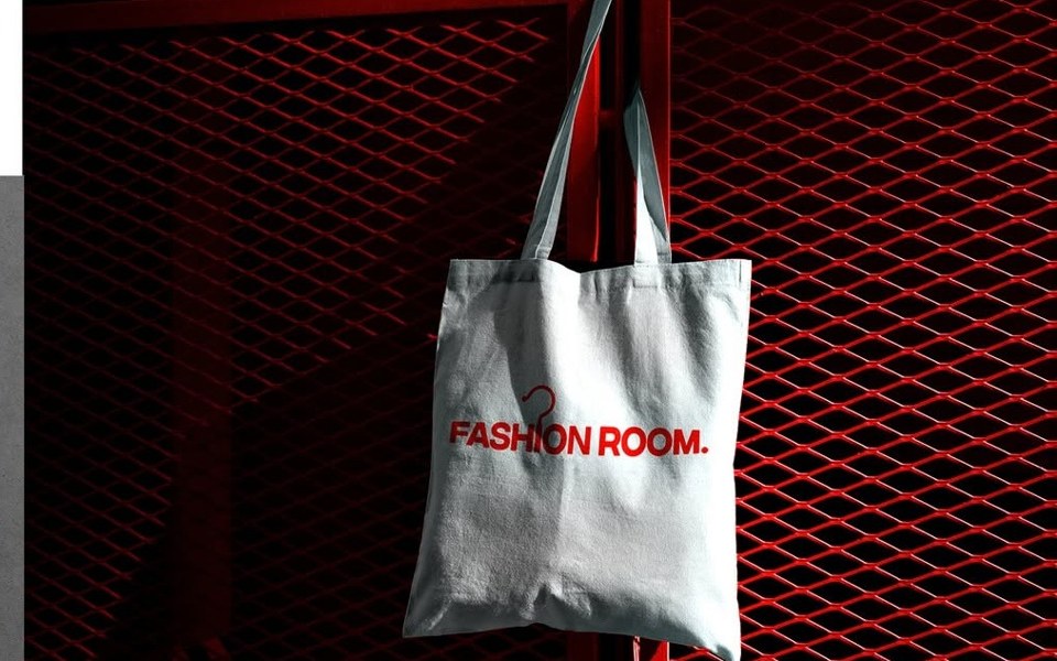 Fashion Room brand identity — tote bag and garment tags